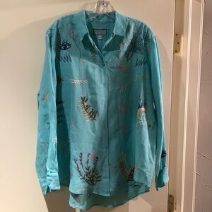 Johnny Was Workshop Turquoise Embroidered Button-Up Shirt size large